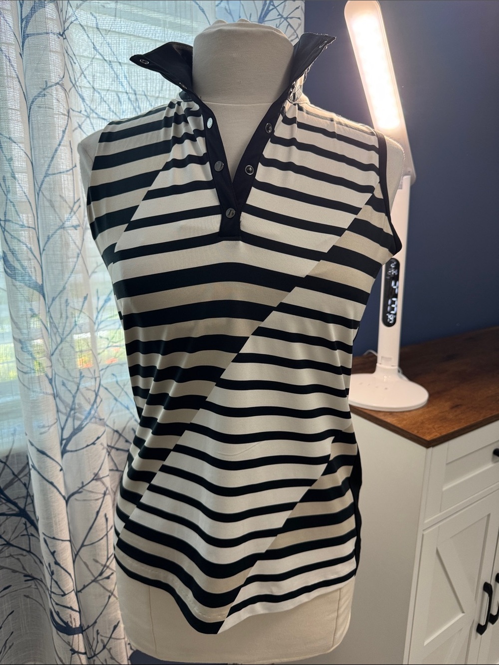 Tail - Sleeveless Striped Polo Top - Black & White